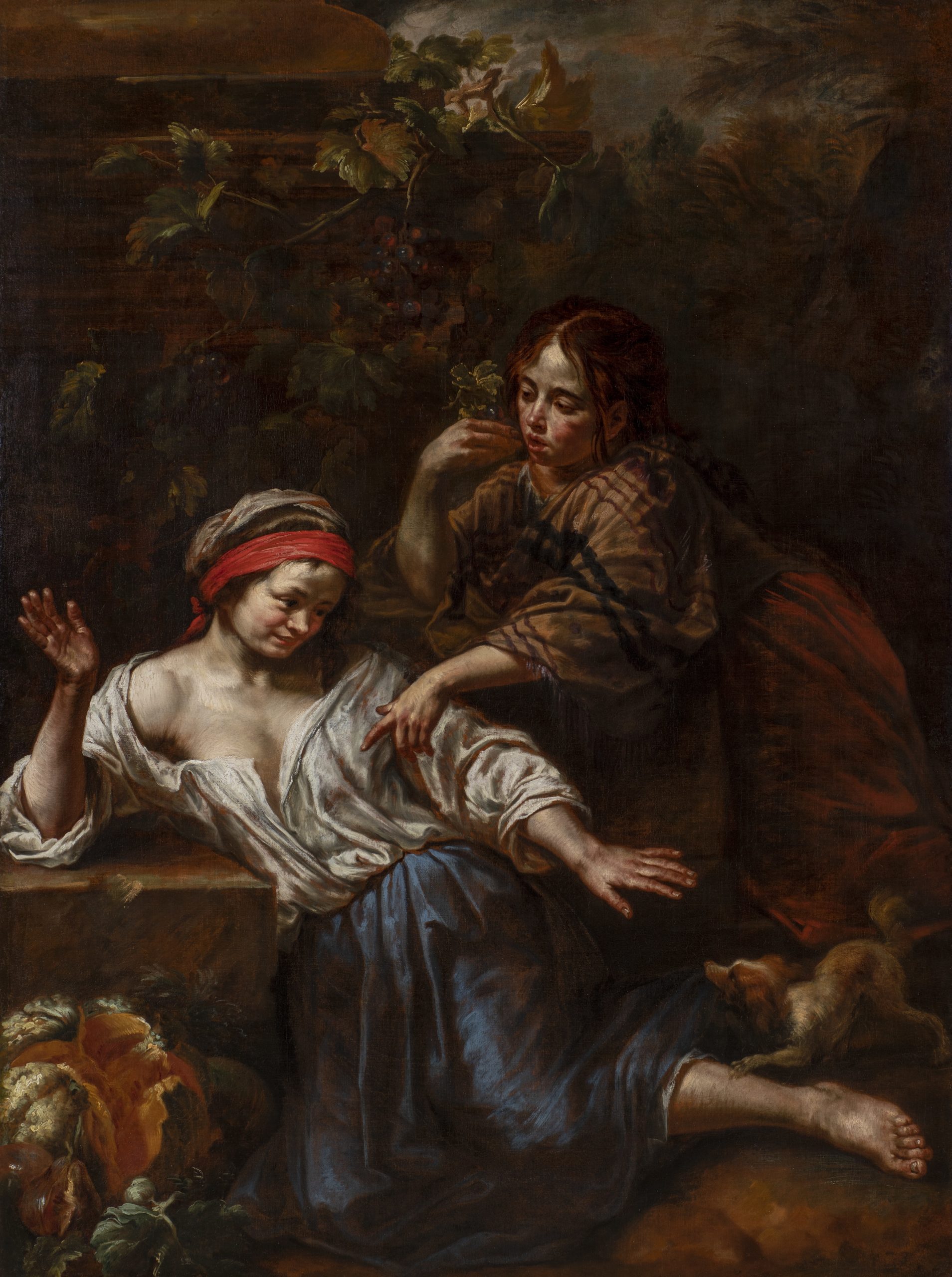 Two Girls Playing in a Vineyard with a Small Dog